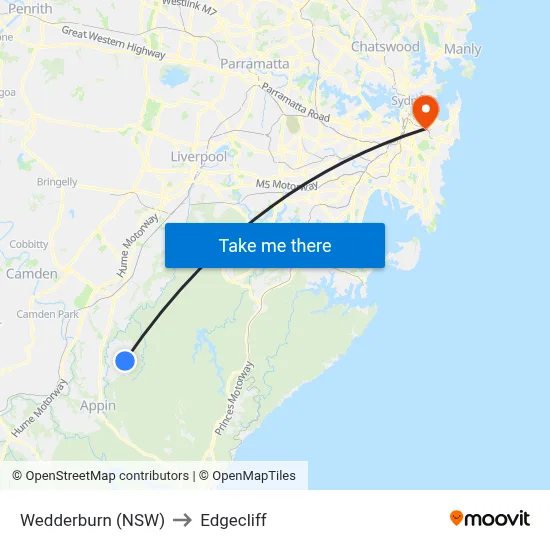 Wedderburn (NSW) to Edgecliff map