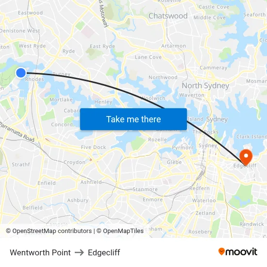 Wentworth Point to Edgecliff map