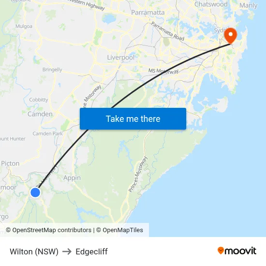 Wilton (NSW) to Edgecliff map