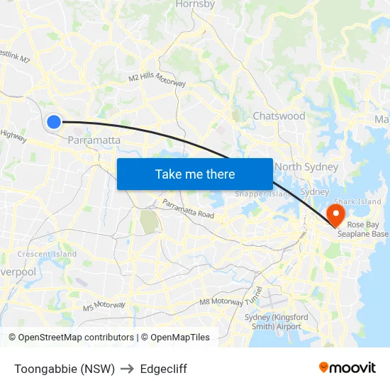 Toongabbie (NSW) to Edgecliff map