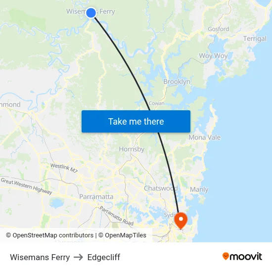Wisemans Ferry to Edgecliff map