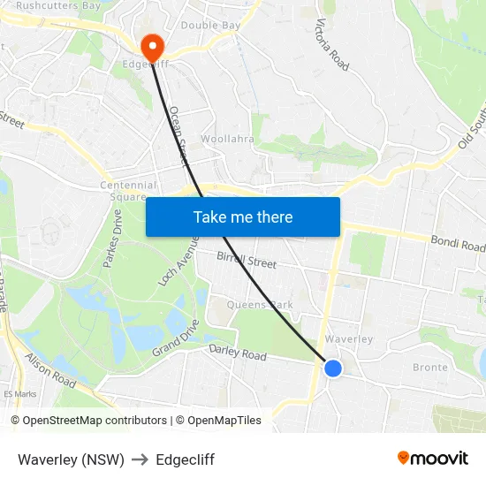 Waverley (NSW) to Edgecliff map