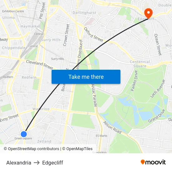 Alexandria to Edgecliff map