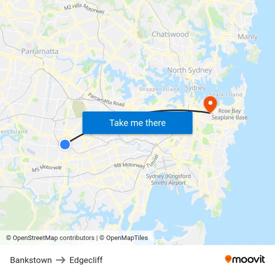 Bankstown to Edgecliff map