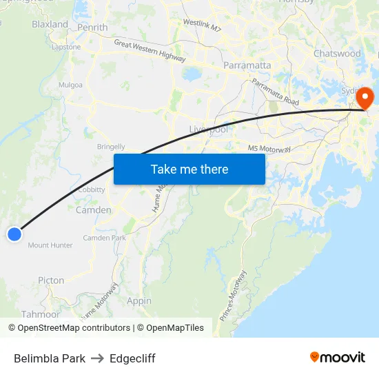 Belimbla Park to Edgecliff map