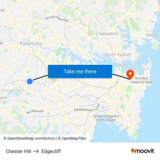 Chester Hill to Edgecliff map