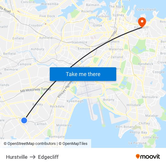 Hurstville to Edgecliff map