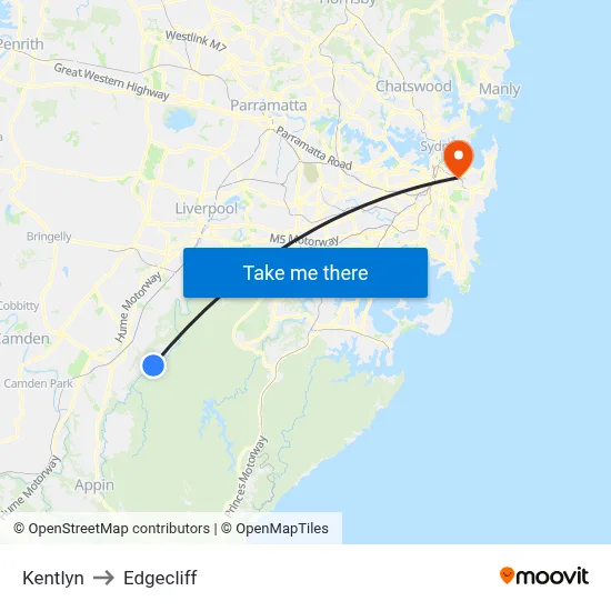 Kentlyn to Edgecliff map