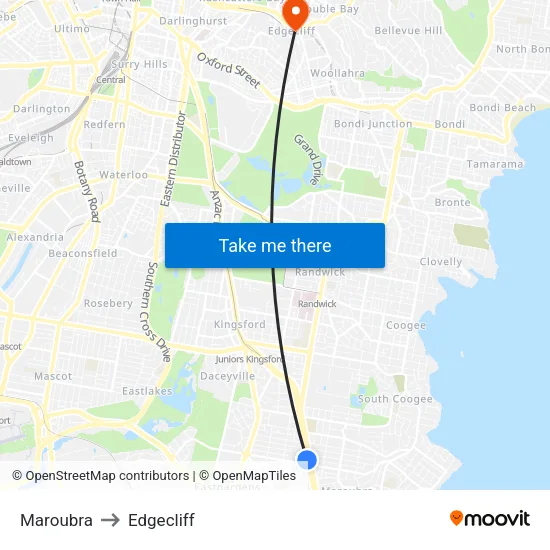 Maroubra to Edgecliff map