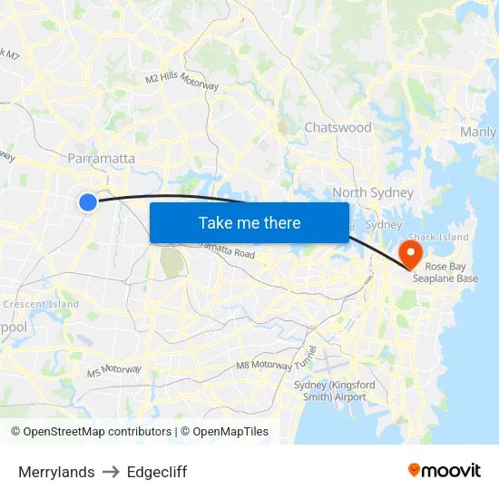 Merrylands to Edgecliff map