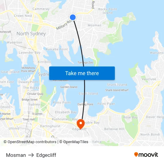 Mosman to Edgecliff map