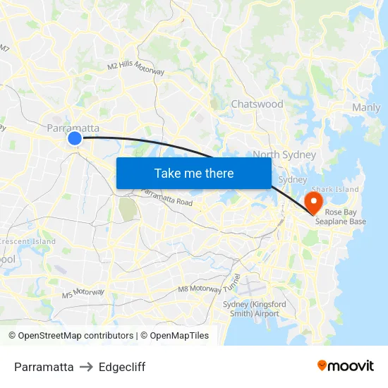 Parramatta to Edgecliff map