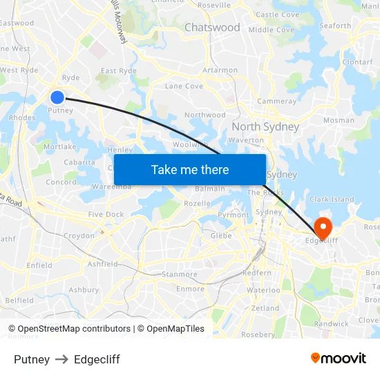 Putney to Edgecliff map