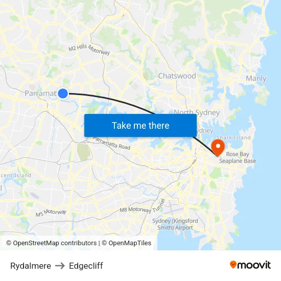 Rydalmere to Edgecliff map