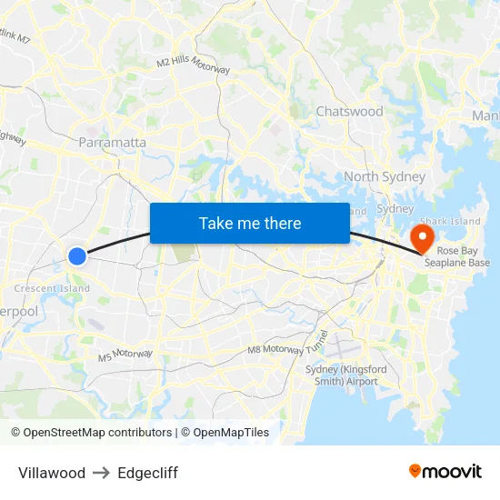 Villawood to Edgecliff map