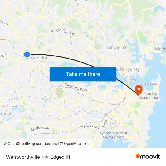 Wentworthville to Edgecliff map