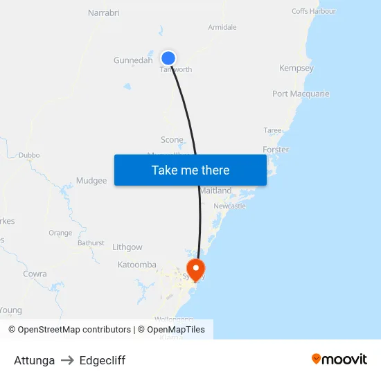 Attunga to Edgecliff map