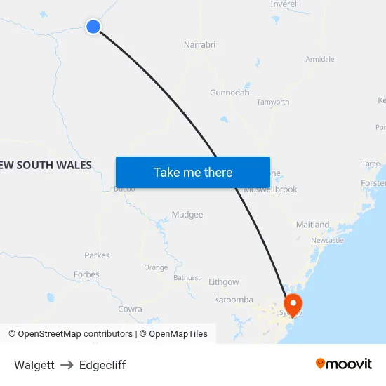 Walgett to Edgecliff map