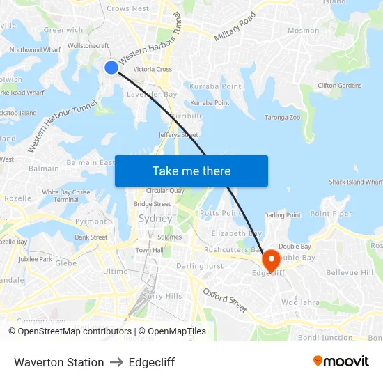 Waverton Station to Edgecliff map
