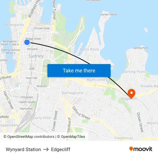 Wynyard Station to Edgecliff map