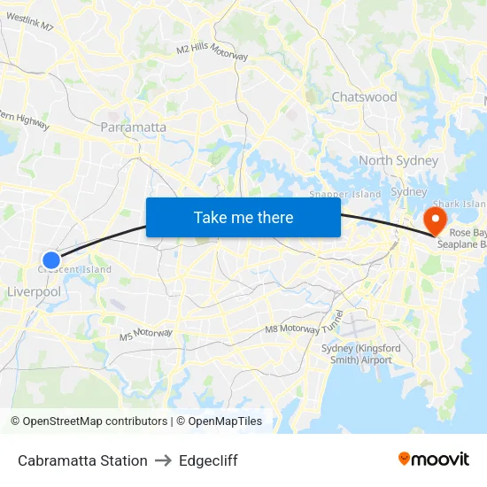 Cabramatta Station to Edgecliff map
