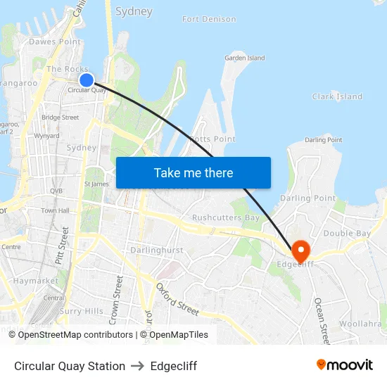 Circular Quay Station to Edgecliff map