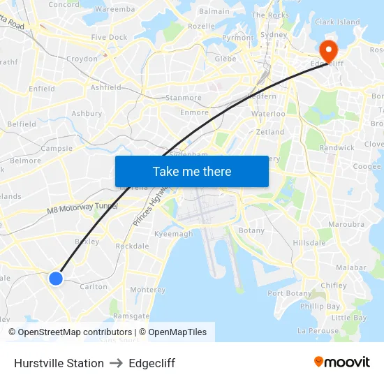 Hurstville Station to Edgecliff map