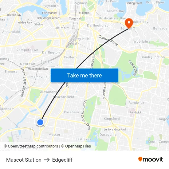 Mascot Station to Edgecliff map
