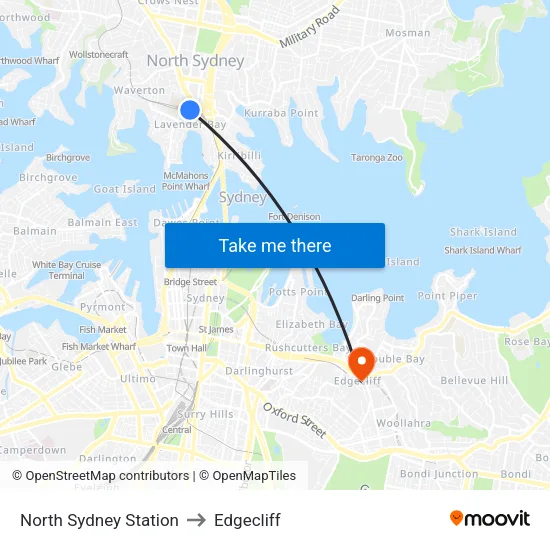North Sydney Station to Edgecliff map