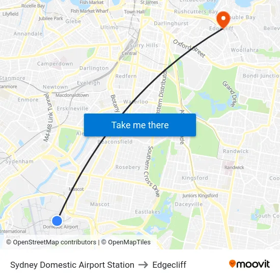 Sydney Domestic Airport Station to Edgecliff map