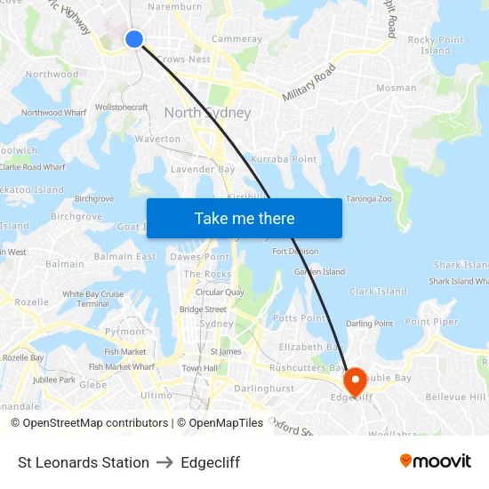 St Leonards Station to Edgecliff map