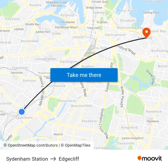 Sydenham Station to Edgecliff map