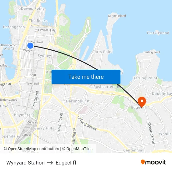 Wynyard Station to Edgecliff map