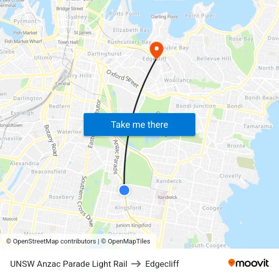 UNSW Anzac Parade Light Rail to Edgecliff map