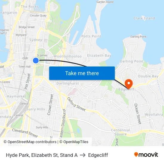 Hyde Park, Elizabeth St, Stand A to Edgecliff map