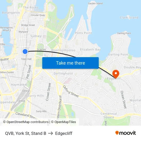 QVB, York St, Stand B to Edgecliff map