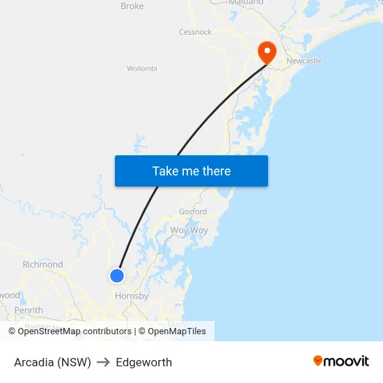 Arcadia (NSW) to Edgeworth map
