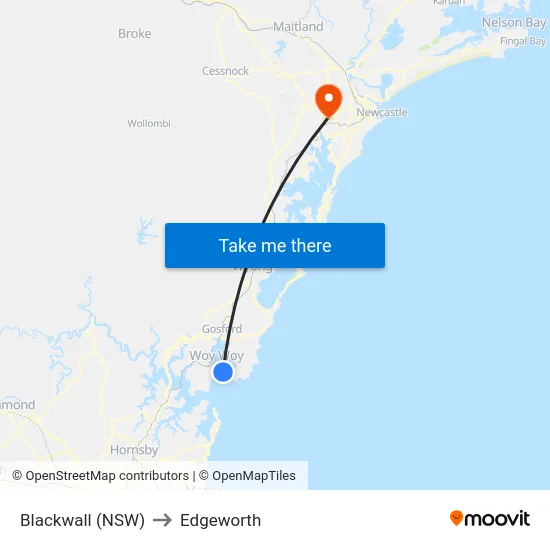 Blackwall (NSW) to Edgeworth map