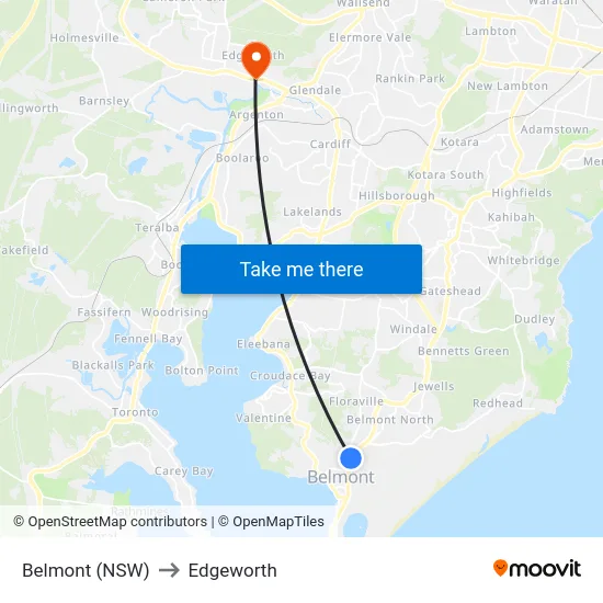 Belmont (NSW) to Edgeworth map