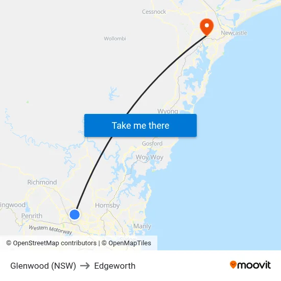 Glenwood (NSW) to Edgeworth map