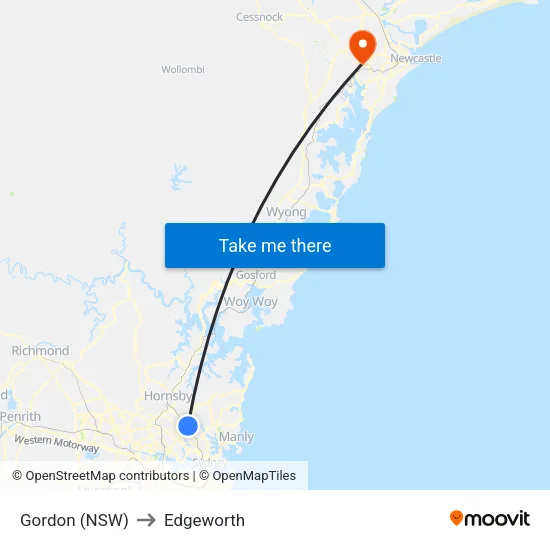 Gordon (NSW) to Edgeworth map