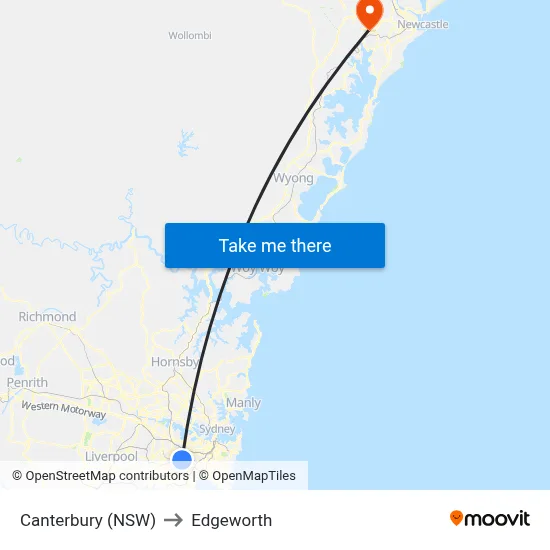 Canterbury (NSW) to Edgeworth map