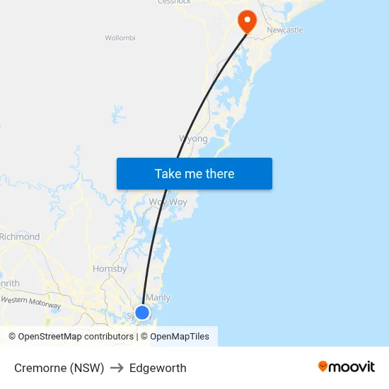 Cremorne (NSW) to Edgeworth map