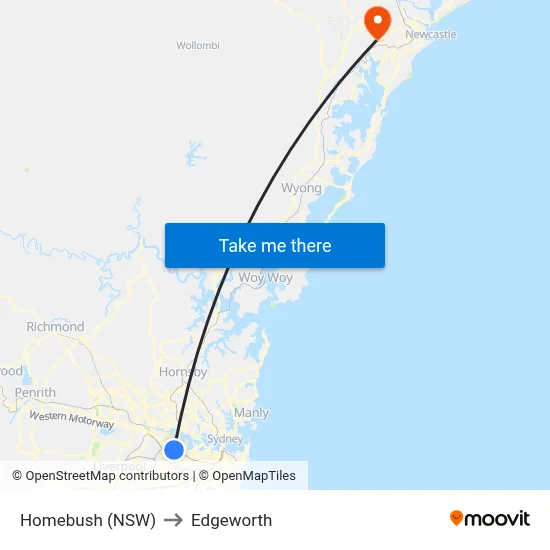 Homebush (NSW) to Edgeworth map