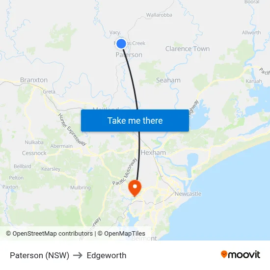Paterson (NSW) to Edgeworth map