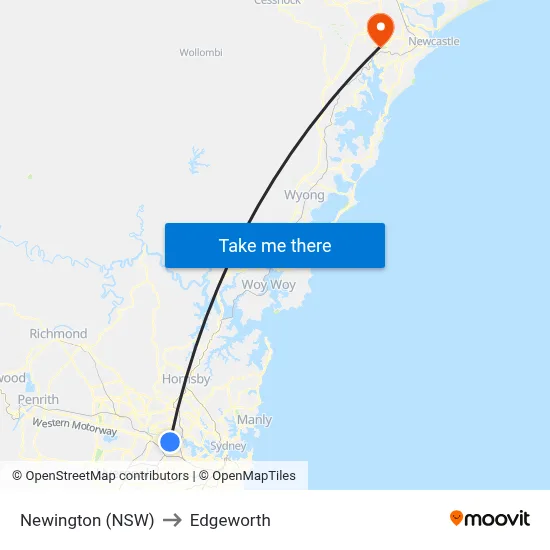 Newington (NSW) to Edgeworth map