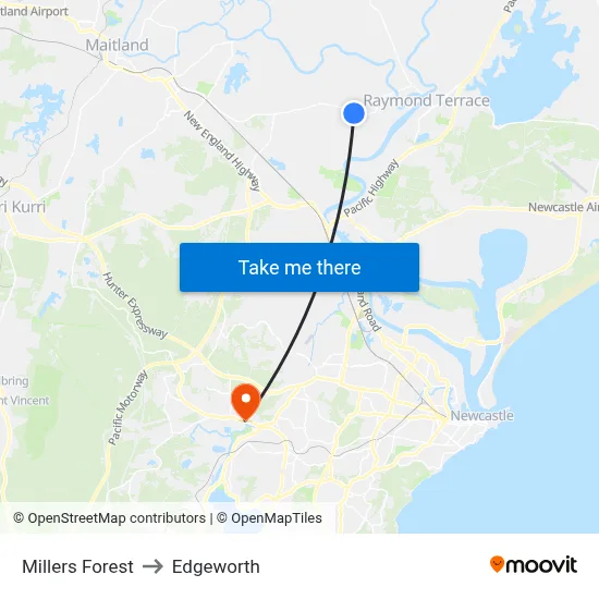 Millers Forest to Edgeworth map