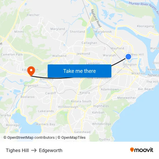 Tighes Hill to Edgeworth map