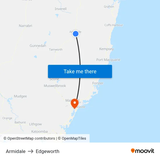 Armidale to Edgeworth map