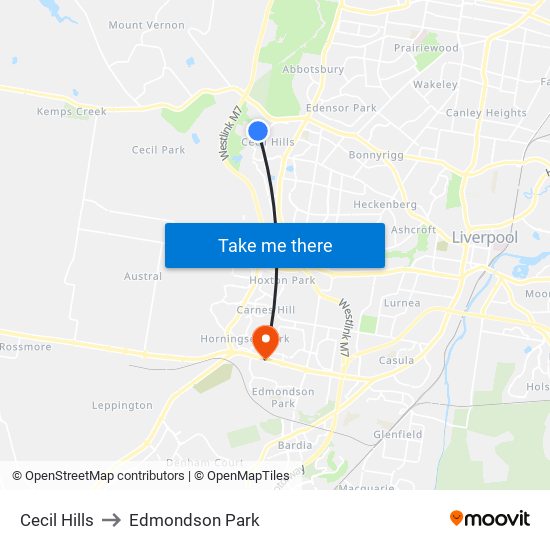 Cecil Hills to Edmondson Park map